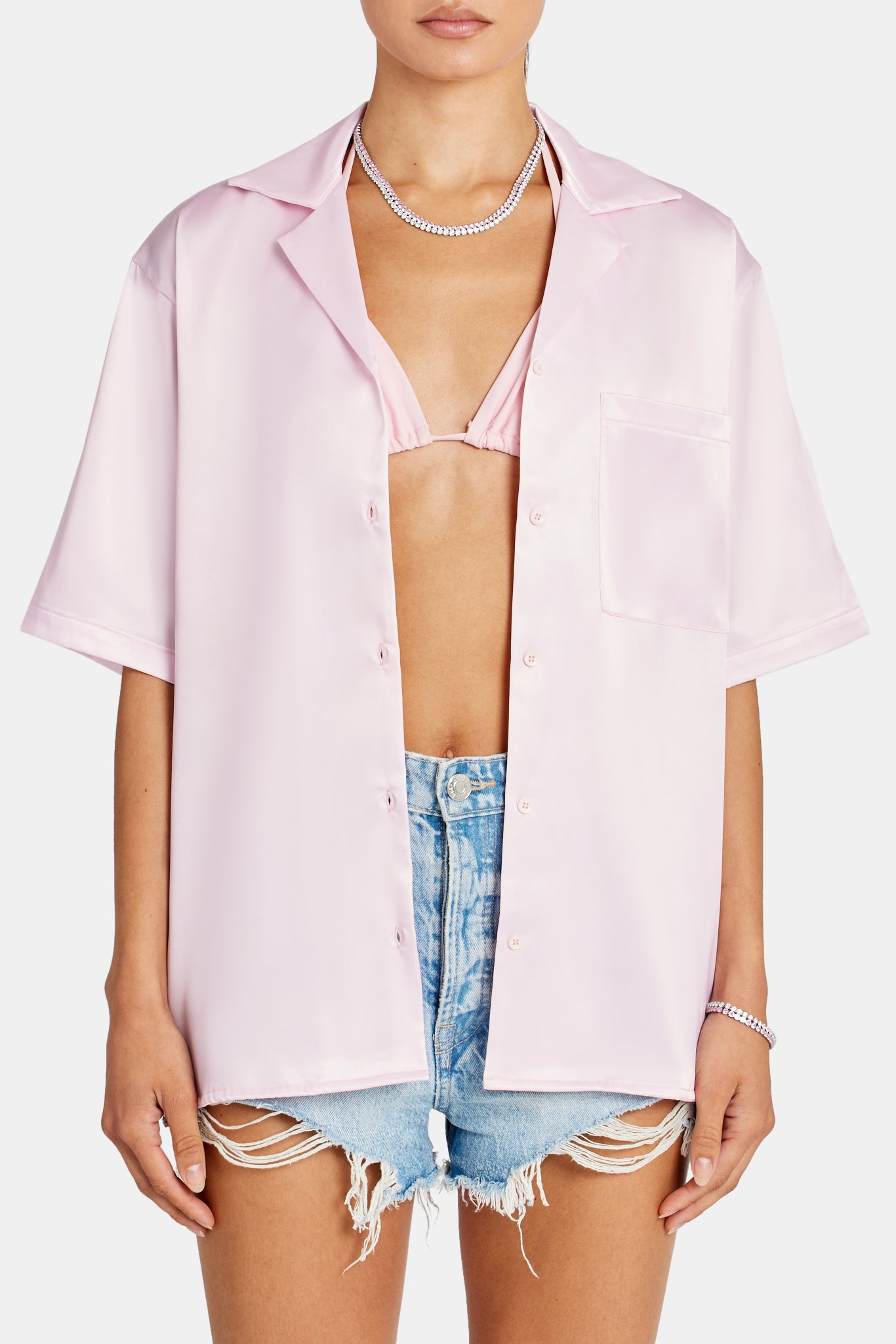 Beach Hut Graphic Satin Shirt - Light Pink